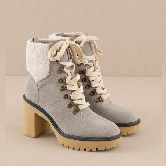 Heeled Platform Lace Up Sherpa Boots - Oasis Society - Picture 1 of 6